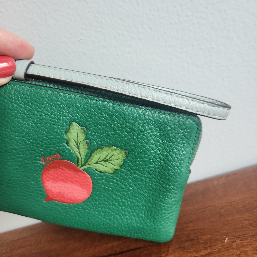 Green Leather Coach Wristlet with Radish Design - Picture 5 of 10